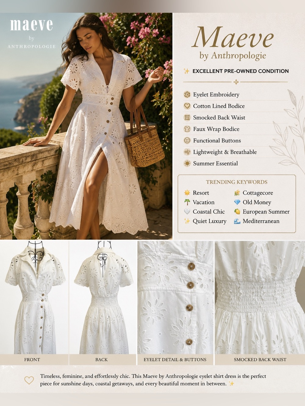 Maeve Anthropologie Eyelet Wrap Midi Dress XS White Cotton Resort Vacation - Picture 2 of 16